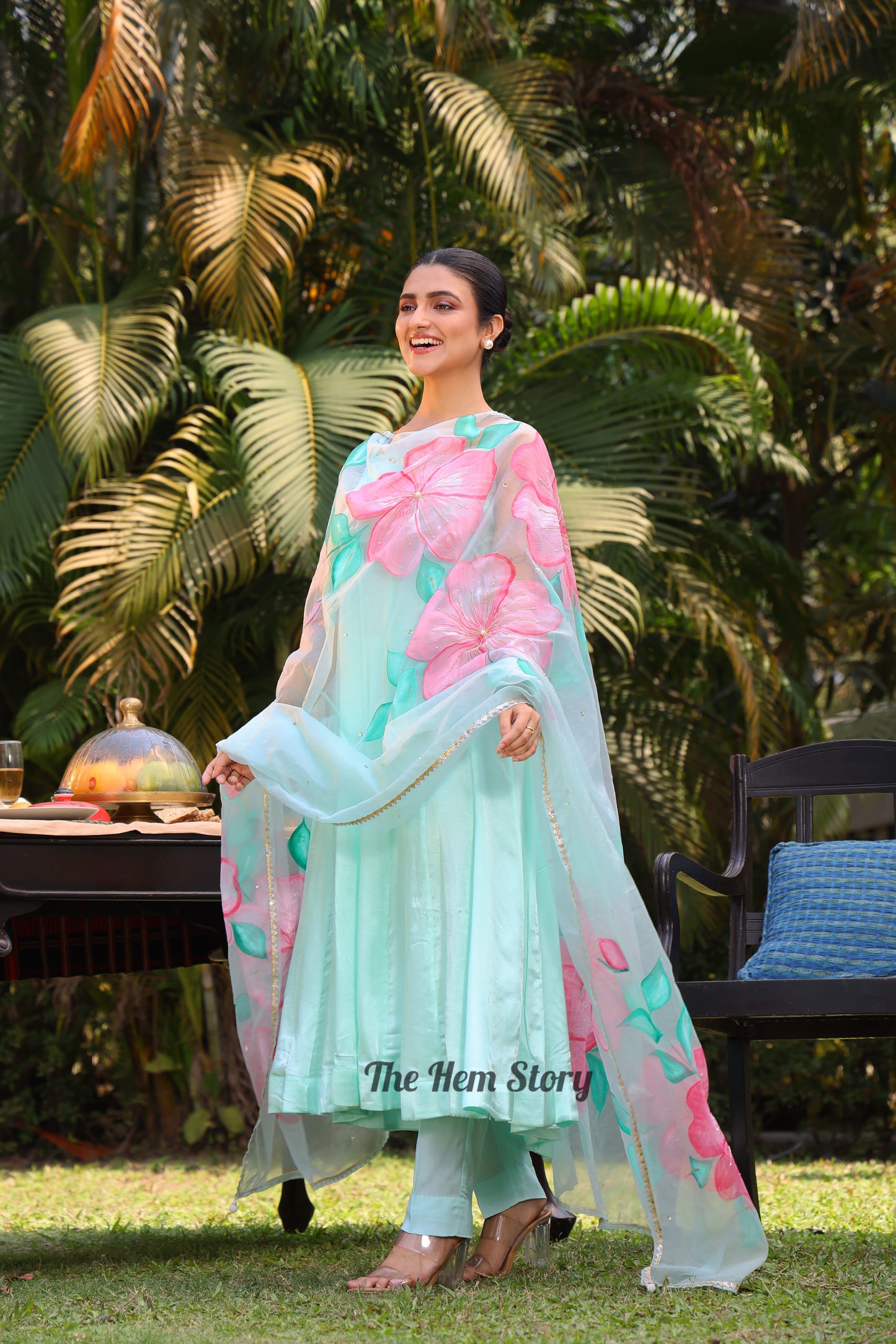 Aqua Green Handpainted Anarkali Suit Set Enhanced With Handwork