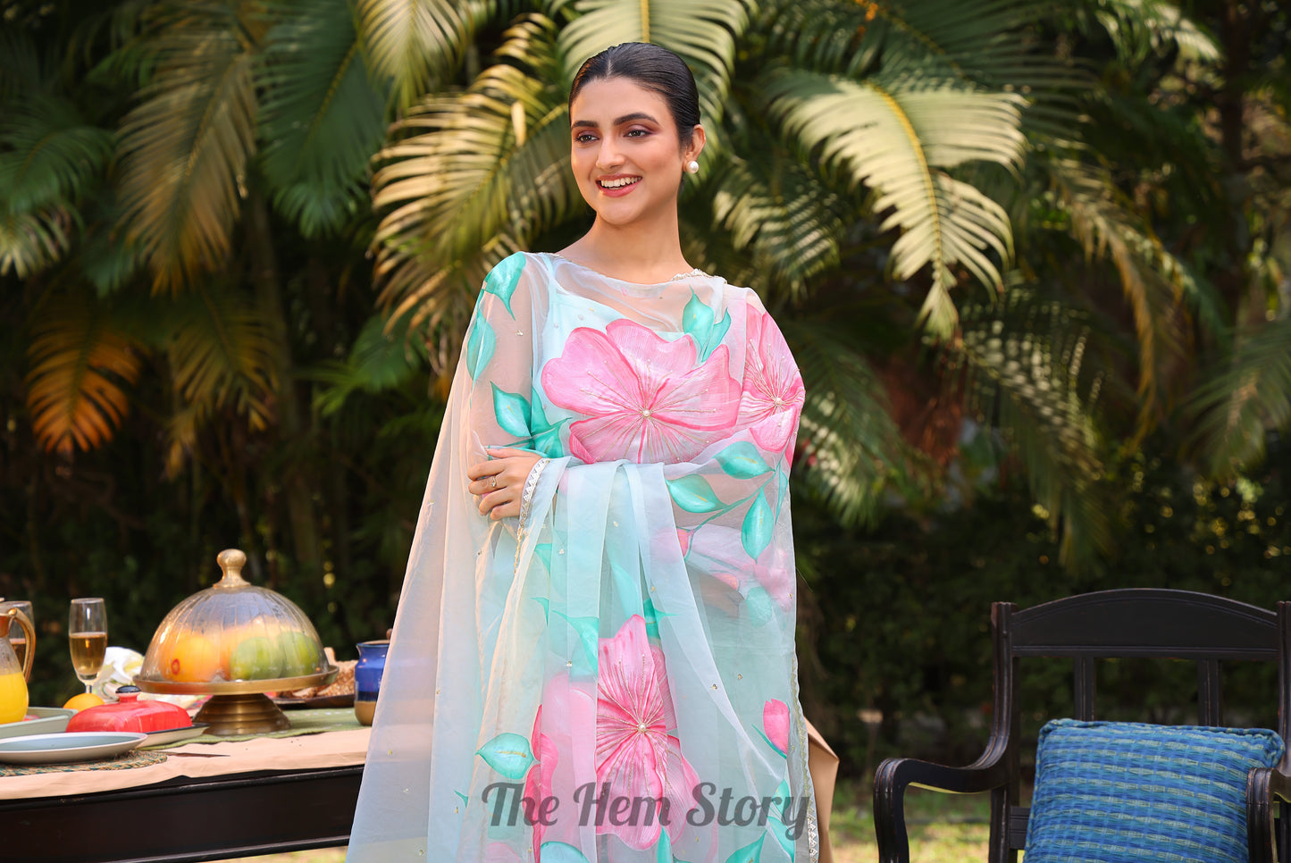 Aqua Green Handpainted Anarkali Suit Set Enhanced With Handwork