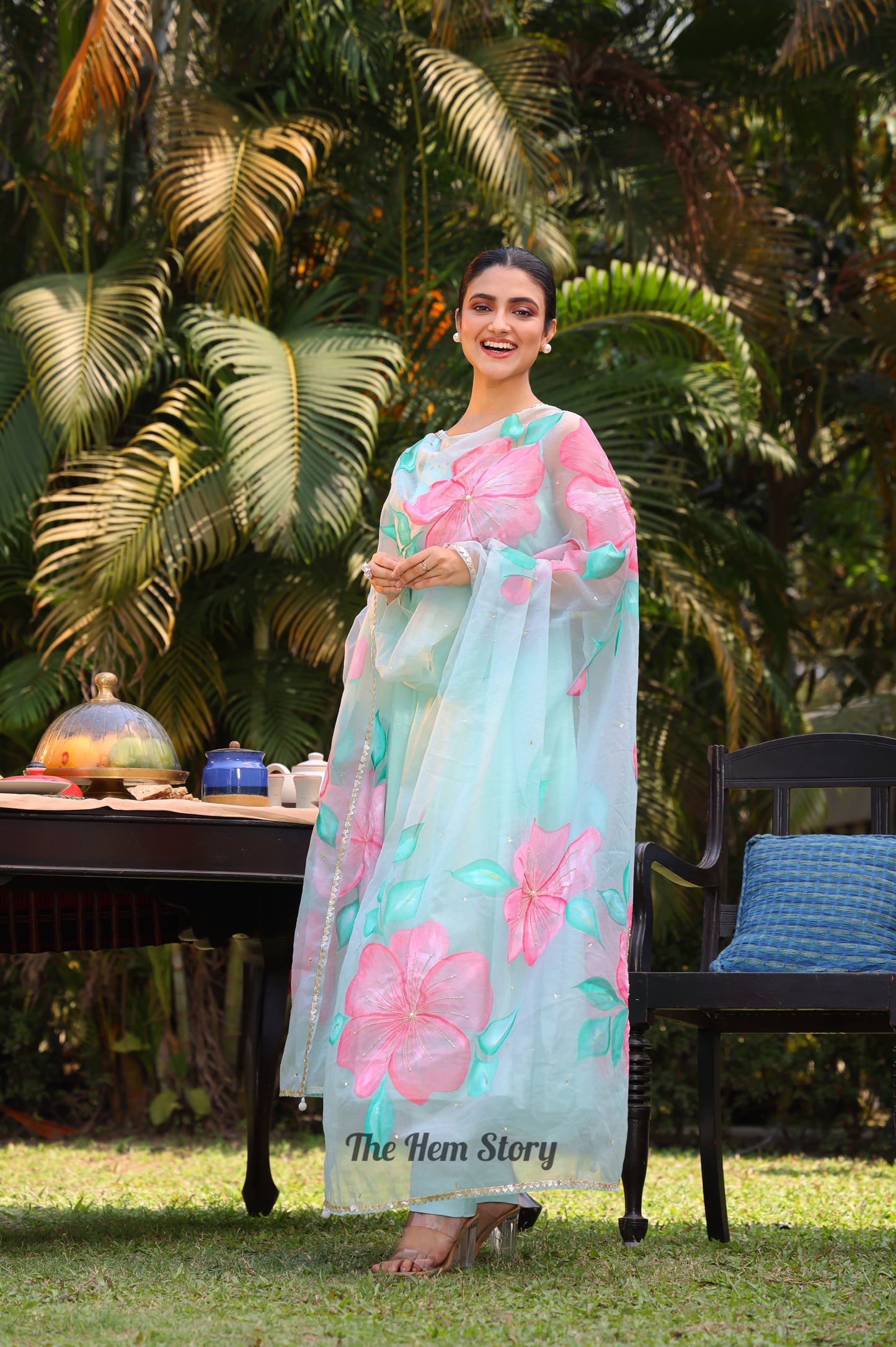 Aqua Green Handpainted Anarkali Suit Set Enhanced With Handwork