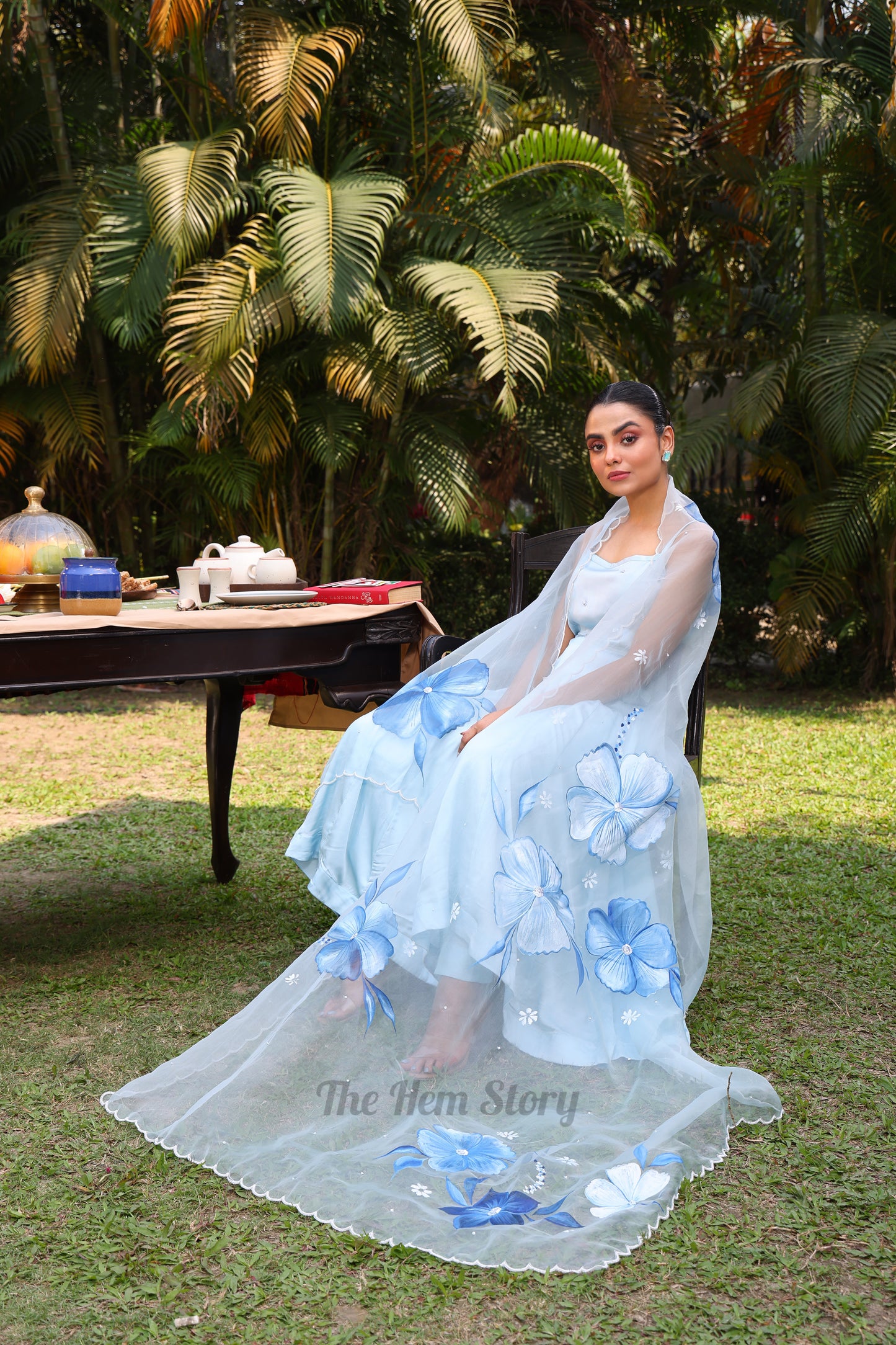 Ice Blue Handpainted Anarkali Suit Set Enhanced With Handwork