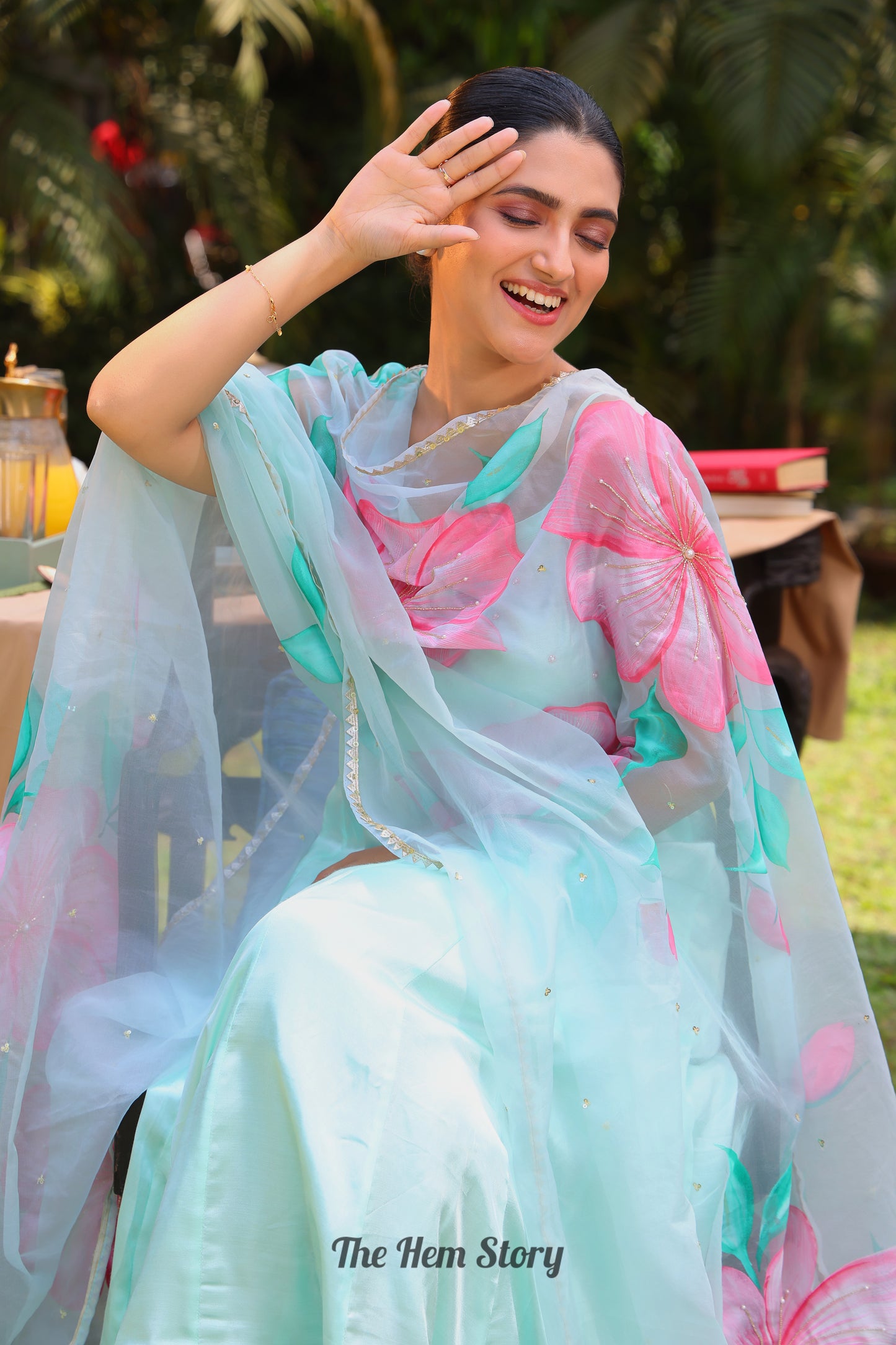 Aqua Green Handpainted Anarkali Suit Set Enhanced With Handwork