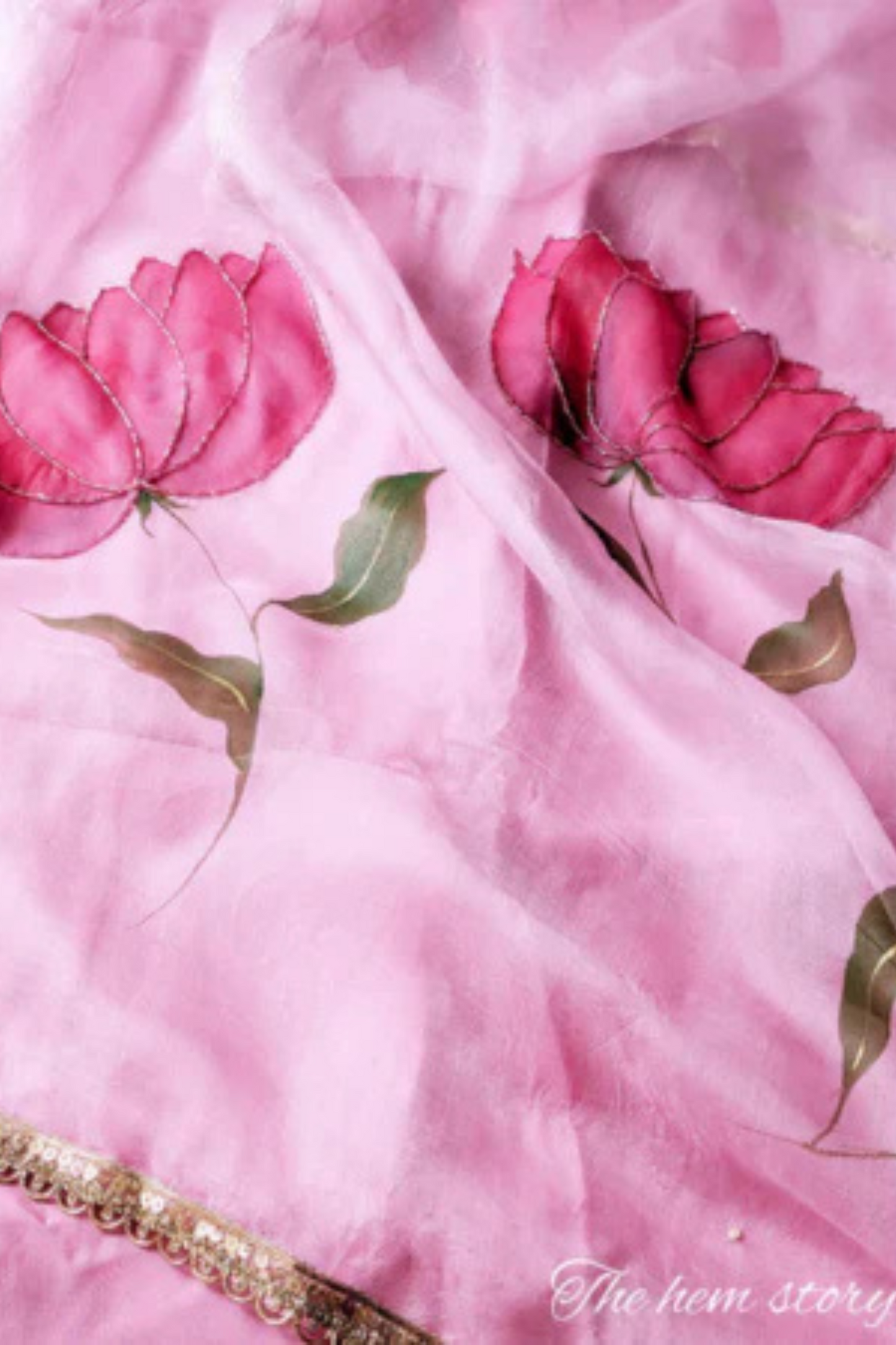 DUPATTAS - Pink Organza Handpainted Lotus Dupatta with Intricate handEmbroidery