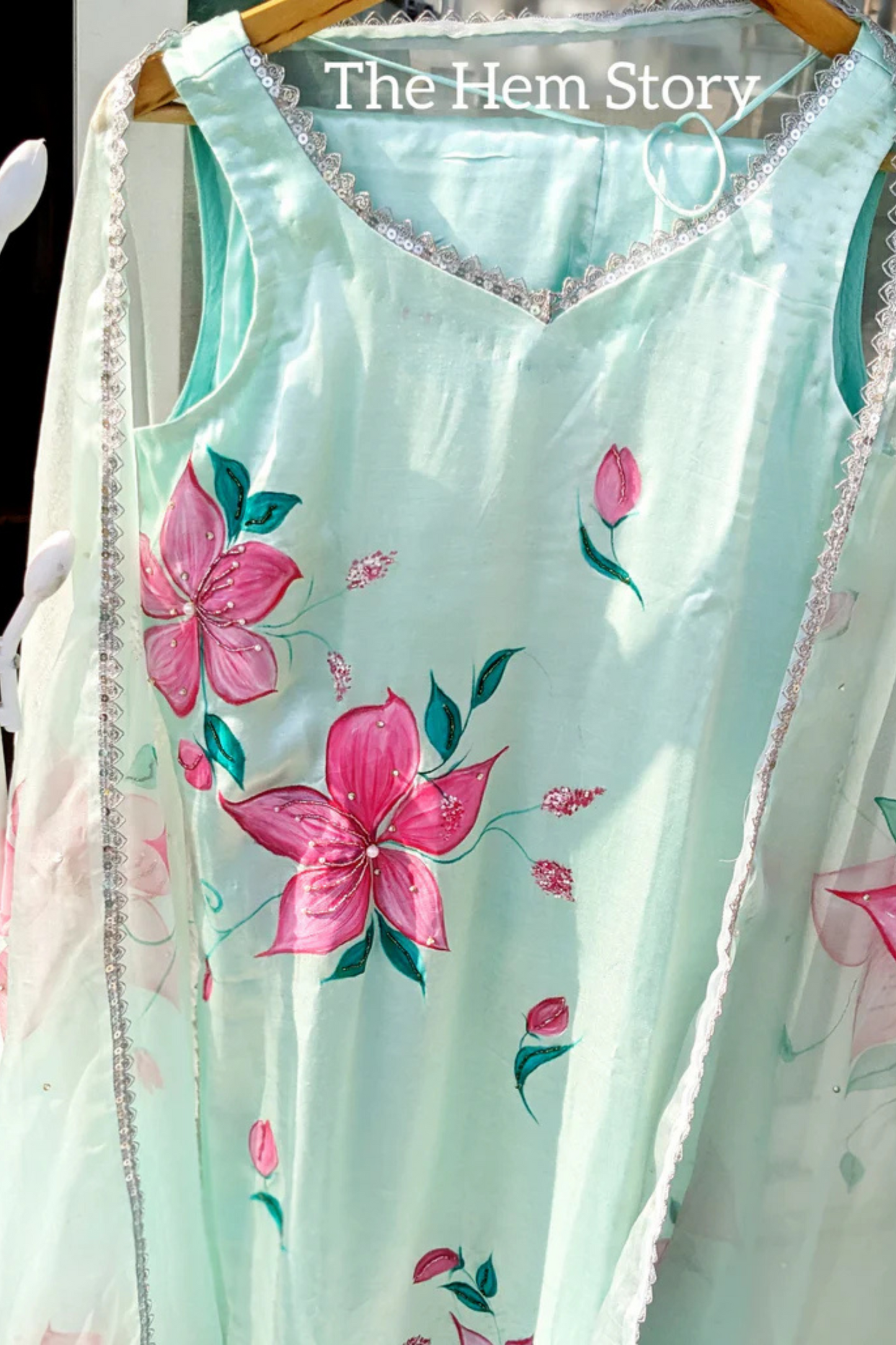 SUIT SETS- Aqua Green Handpainted Suit Set Enhanced With Handwork