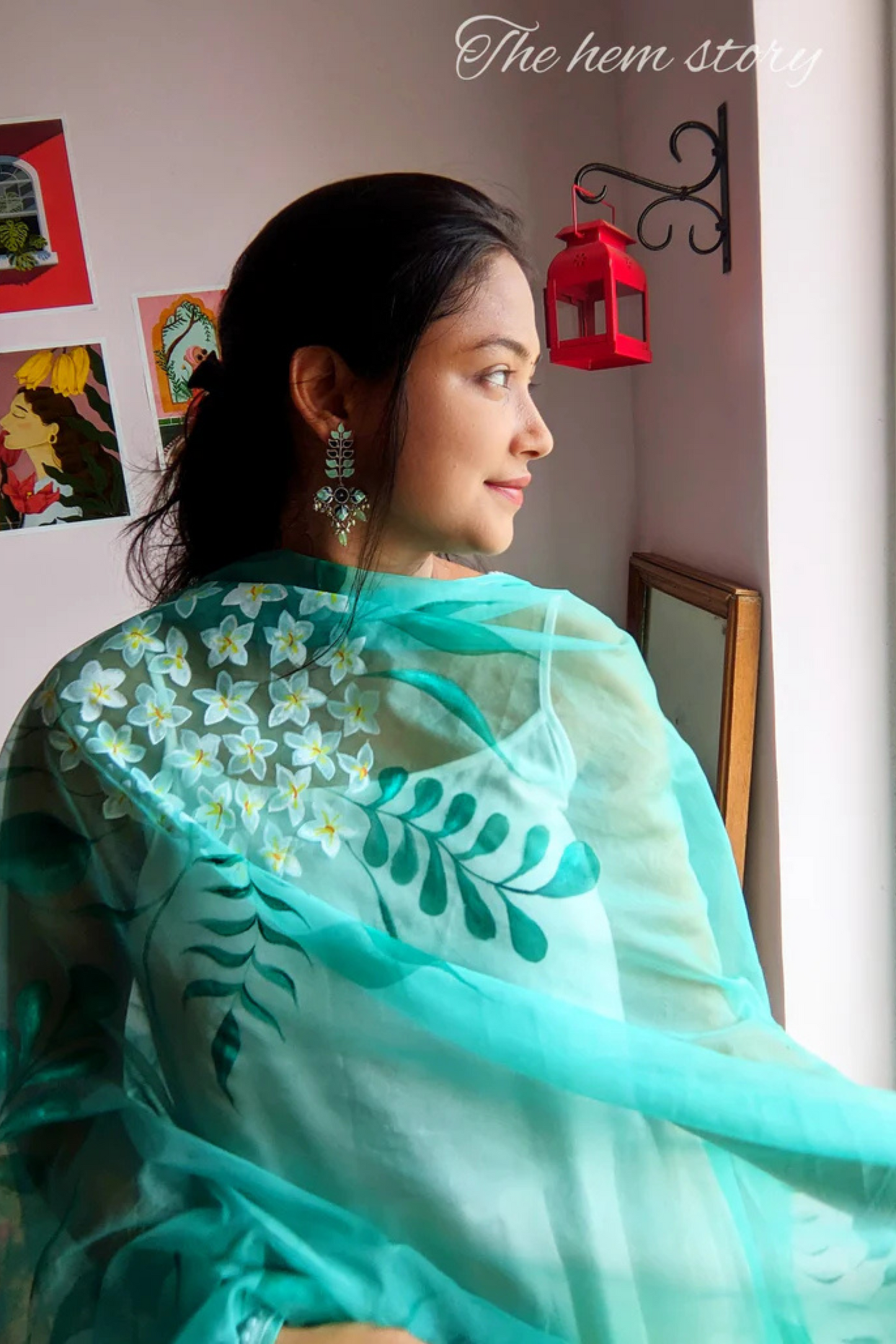 DUPATTAS- Aqua Blue Handpainted Organza Dupatta