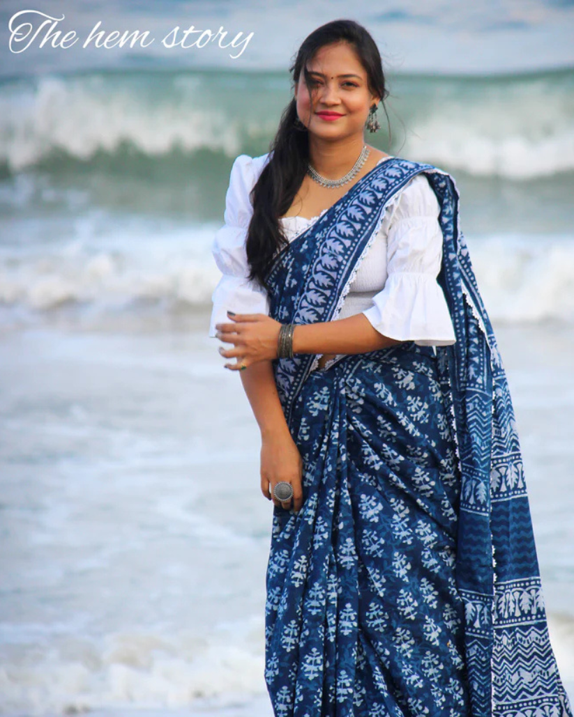 COTTON TALES- Indigo Handblock Printed Pure Cotton Saree