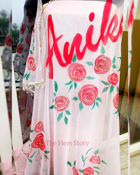 DUPATTAS- Custom Name Soft Pink Hand-Painted Organza Dupatta with Handembroidery