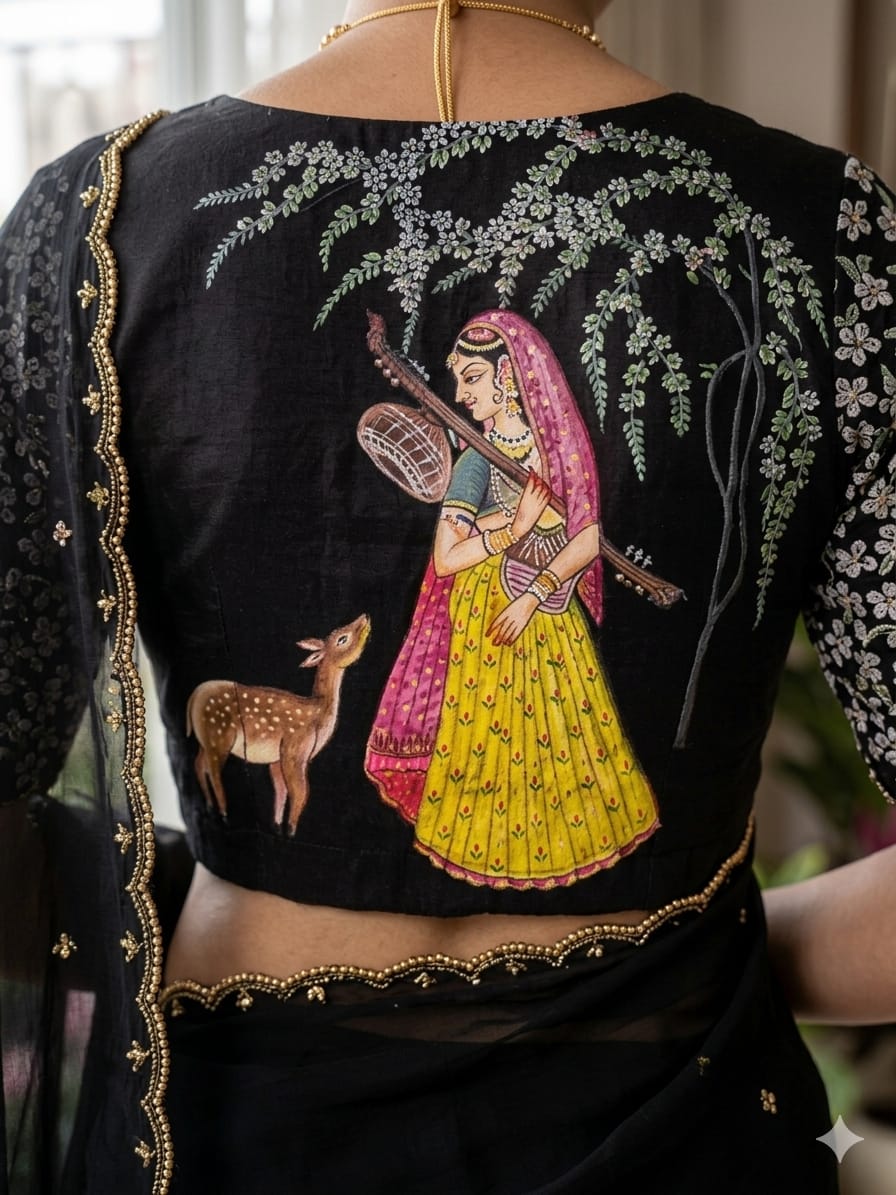 Black Handpainted Organza Saree and Blouse set