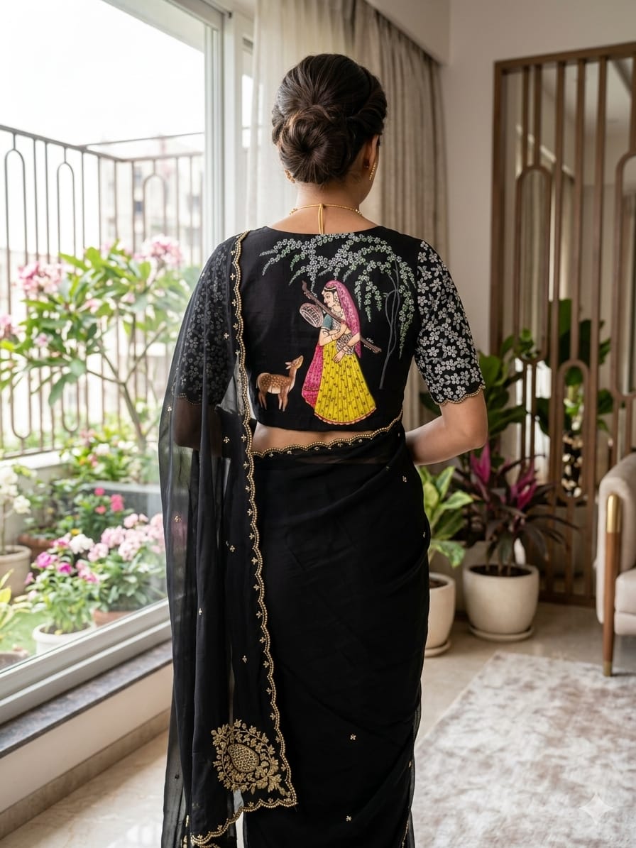 Black Handpainted Organza Saree and Blouse set