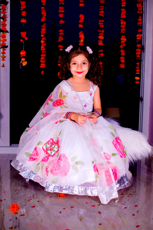 White Organza Handpainted Kids lehenga Set