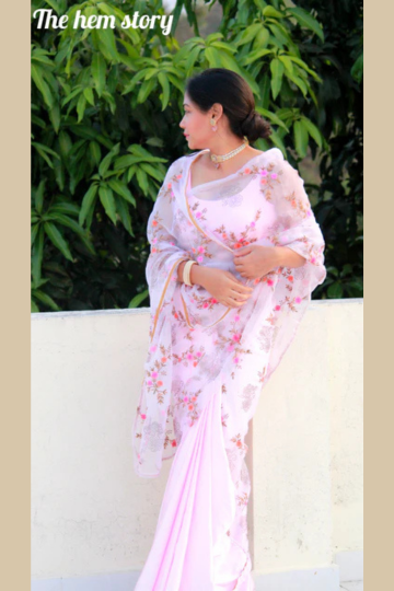 FIZA- Baby Pink Pre-Pleated Soft Organza Saree