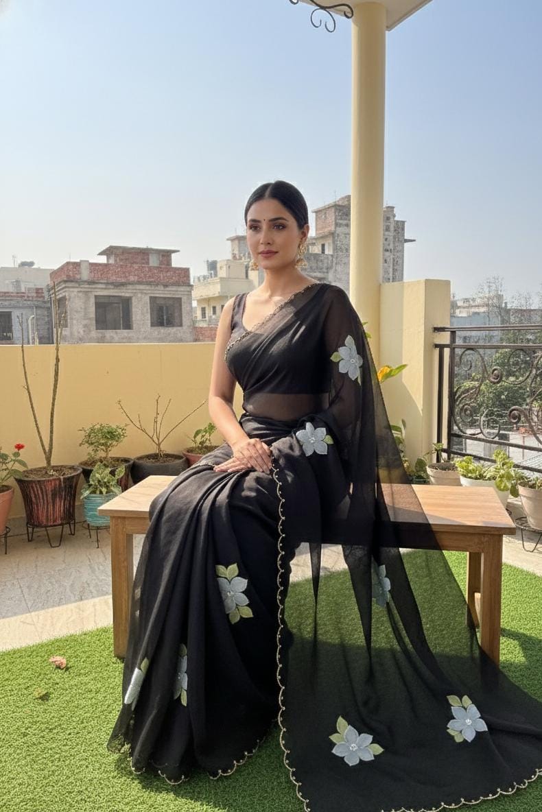 Black Handpainted Organza saree