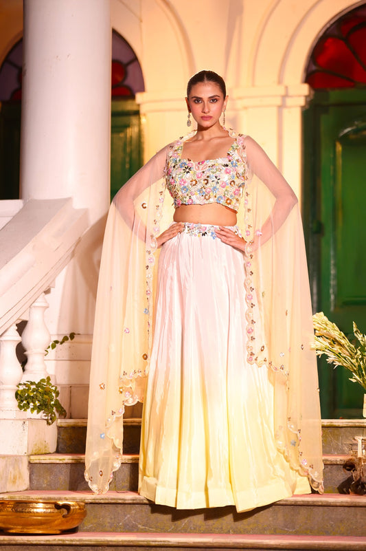 NOOR-Ombre Hand Embroidered Crepe Silk Lehenga