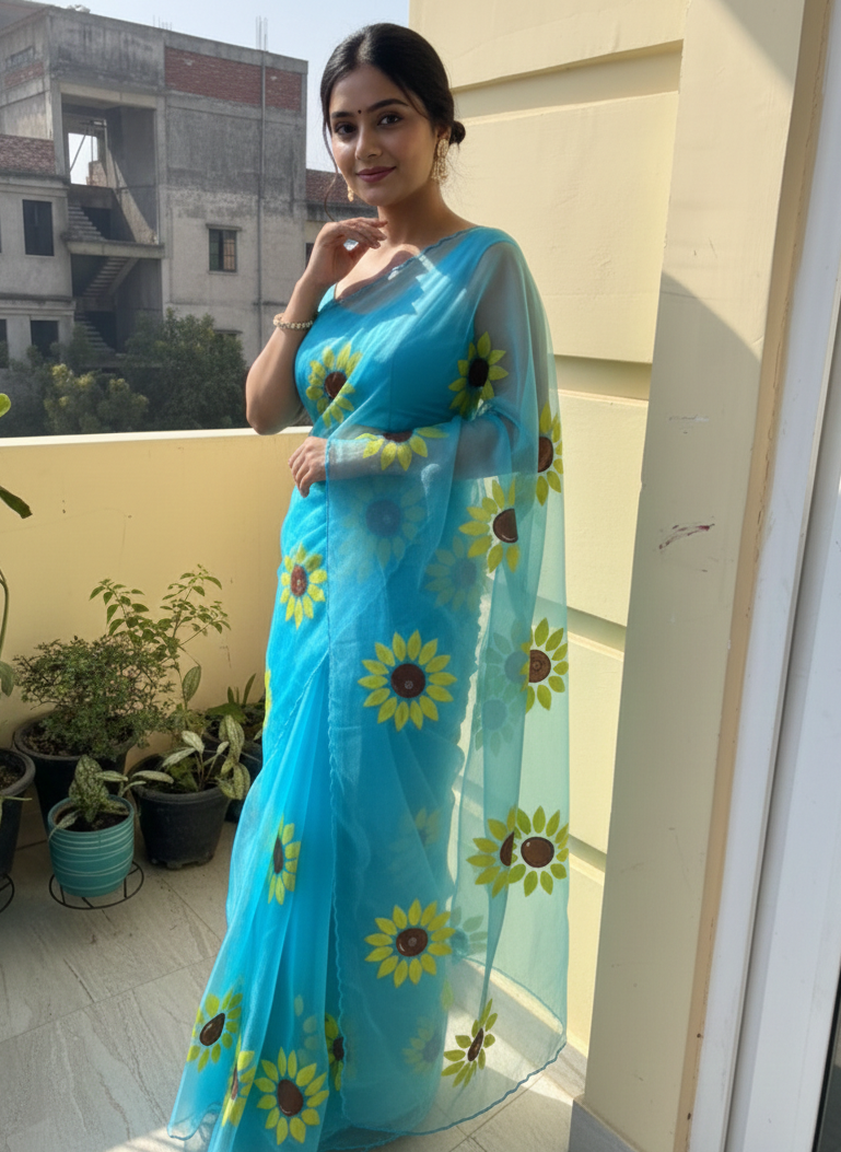 Sky Blue Handpainted Sunflower Organza Saree
