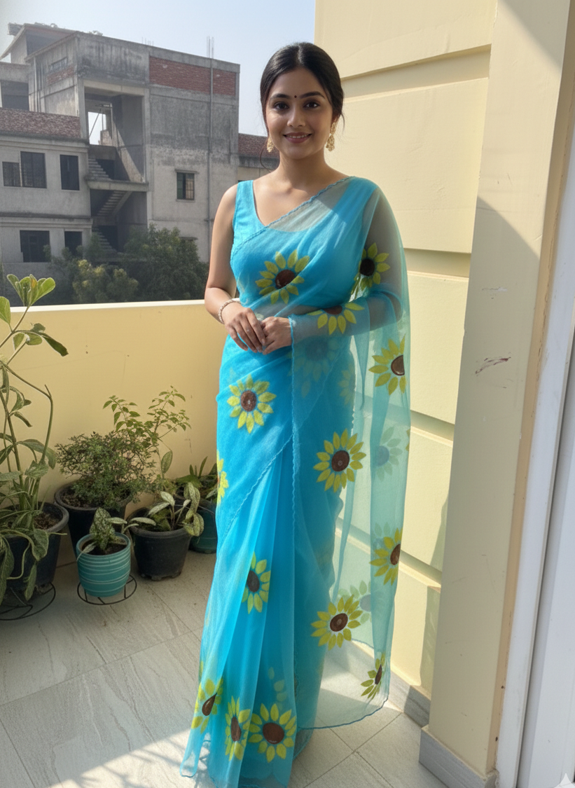 Sky Blue Handpainted Sunflower Organza Saree