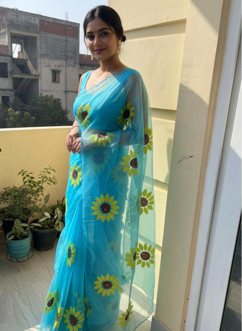 Sky Blue Handpainted Sunflower Organza Saree