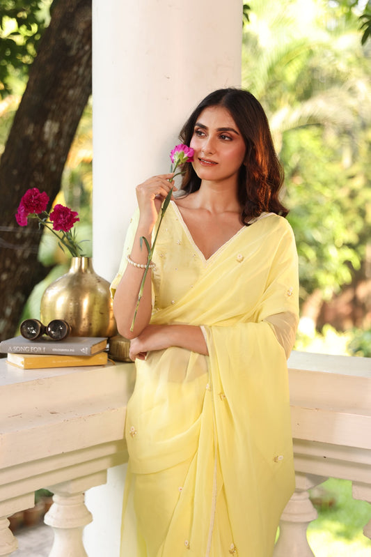 Noor- Lemon Yellow Embroidered Organza Saree