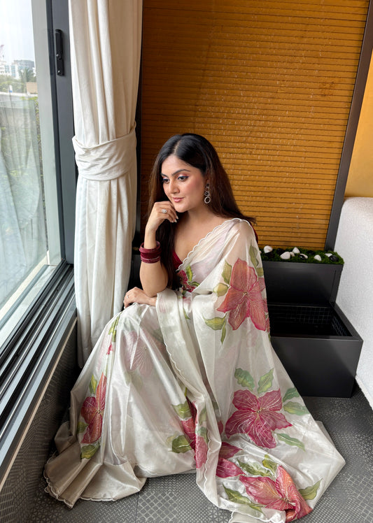 CHITRAKARI- Gold Tissue Handpainted Saree With Handwork