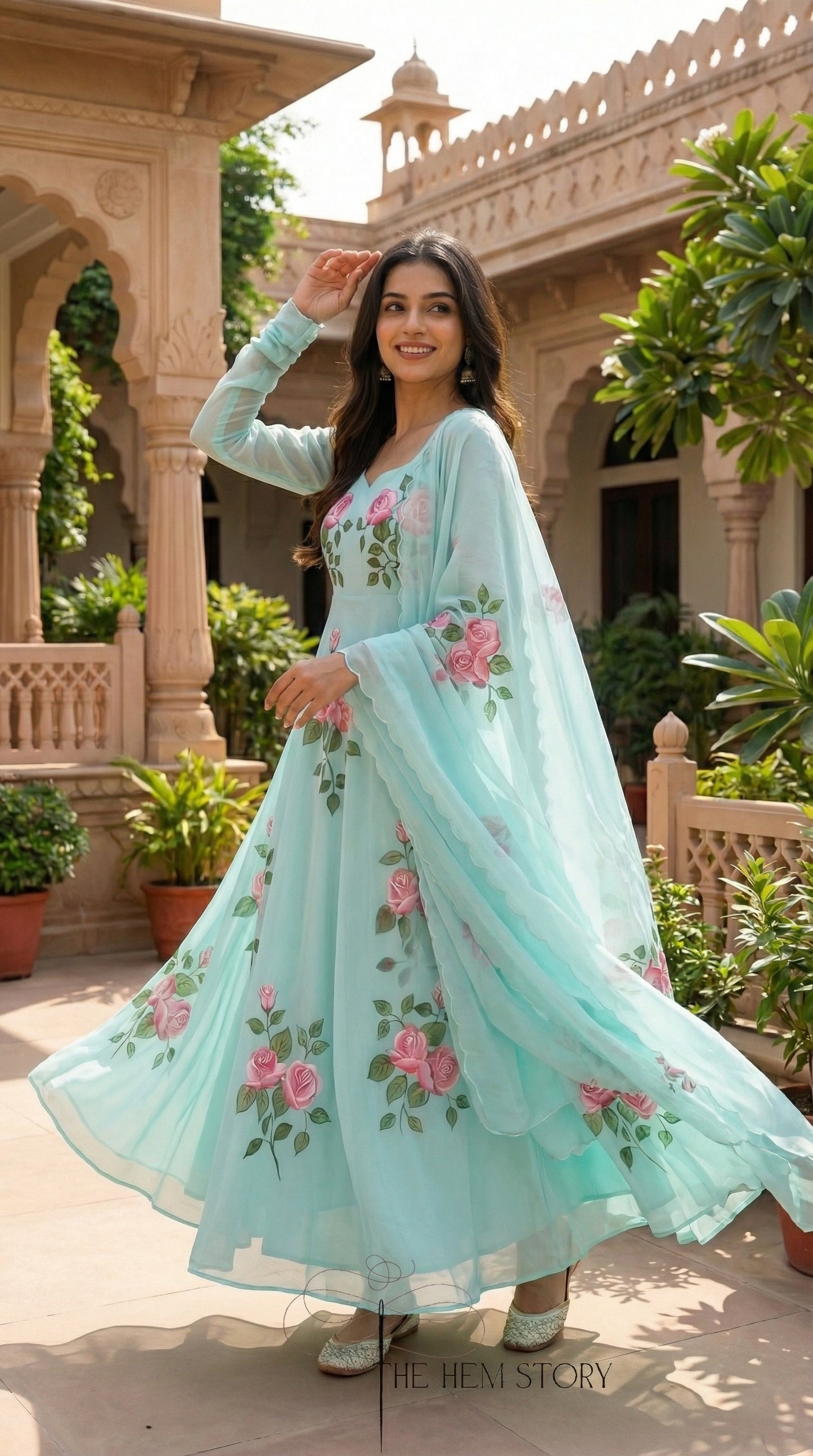 Aqua Blue Handpainted Anarkali Suit Set