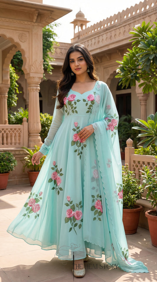 Aqua Blue Handpainted Anarkali Suit Set