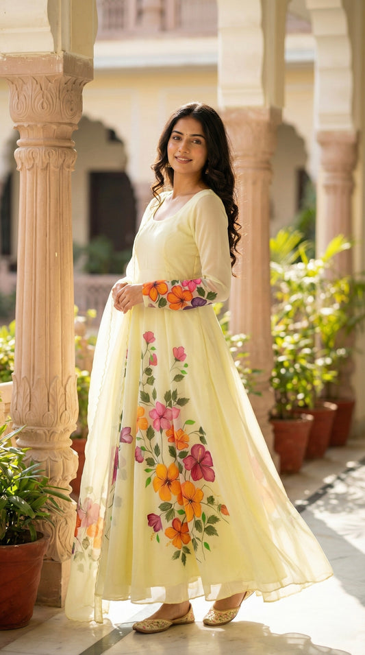 Yellow Handpainted Anarkali Suit Set