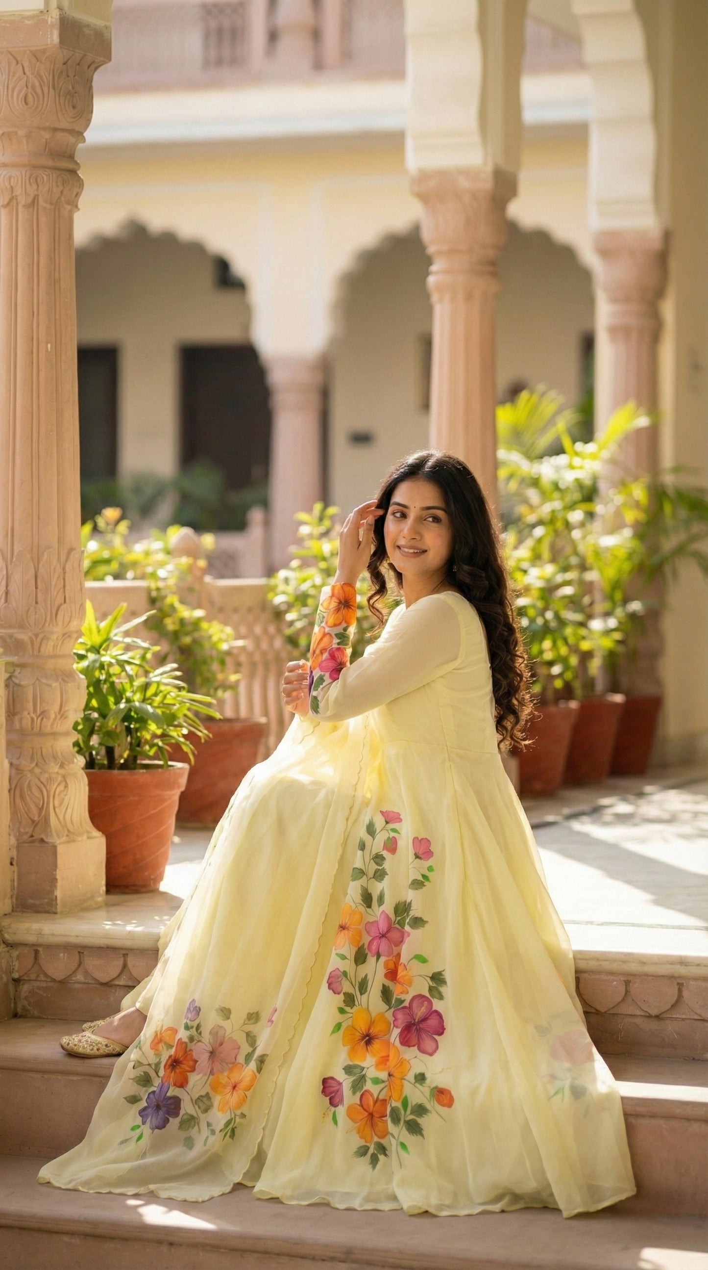 Yellow Handpainted Anarkali Suit Set