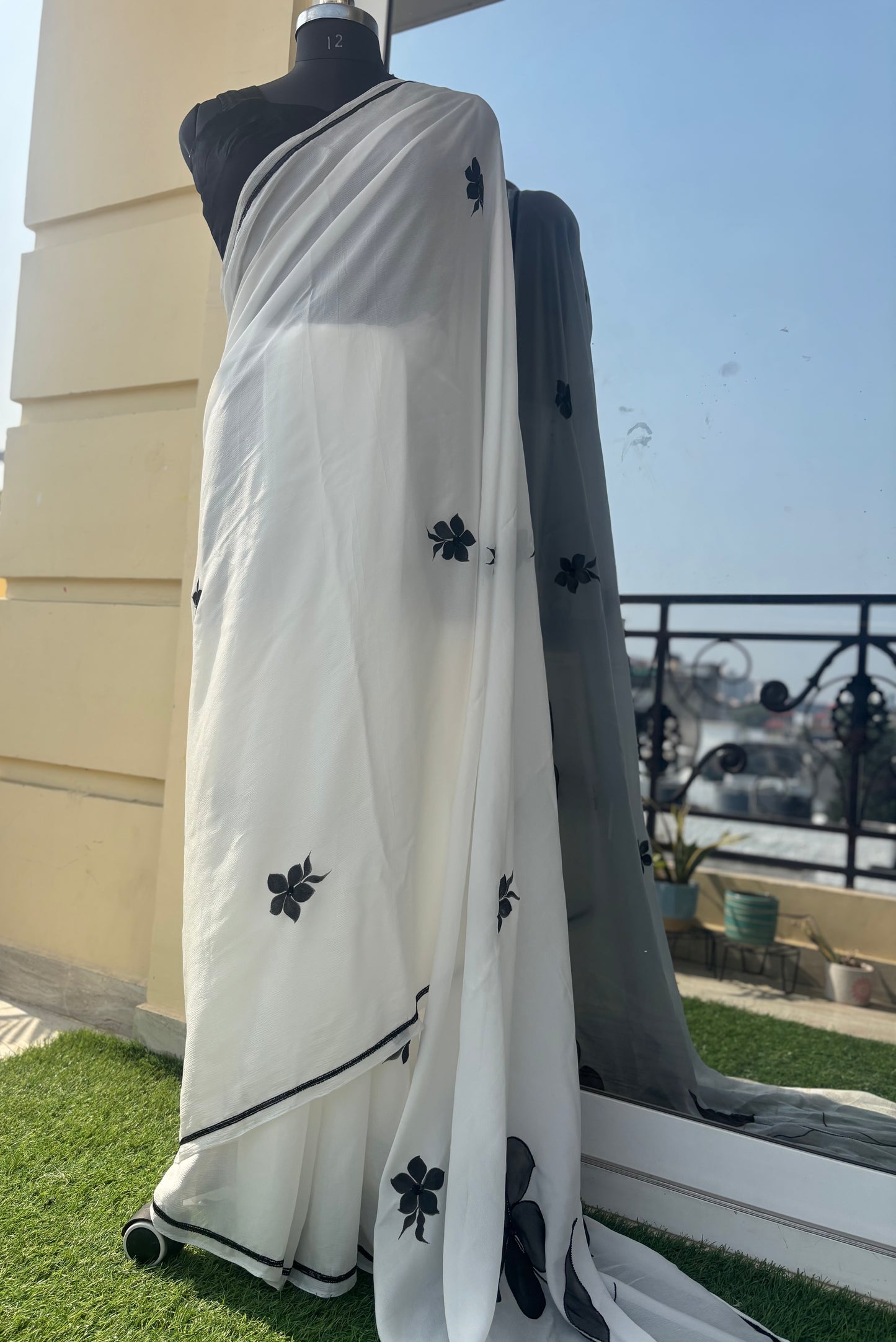 White Handpainted Organza Saree