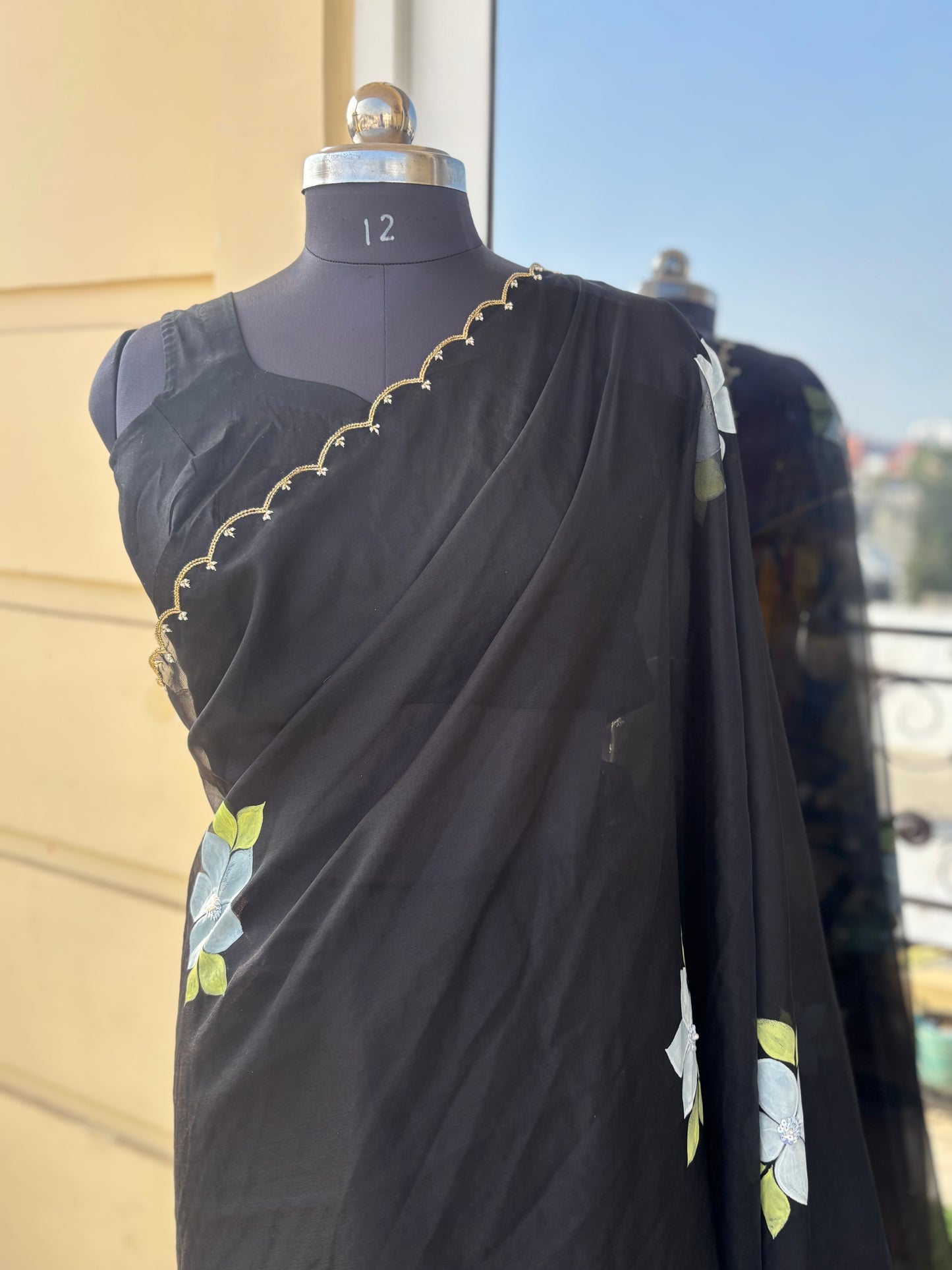 Black Handpainted Organza saree