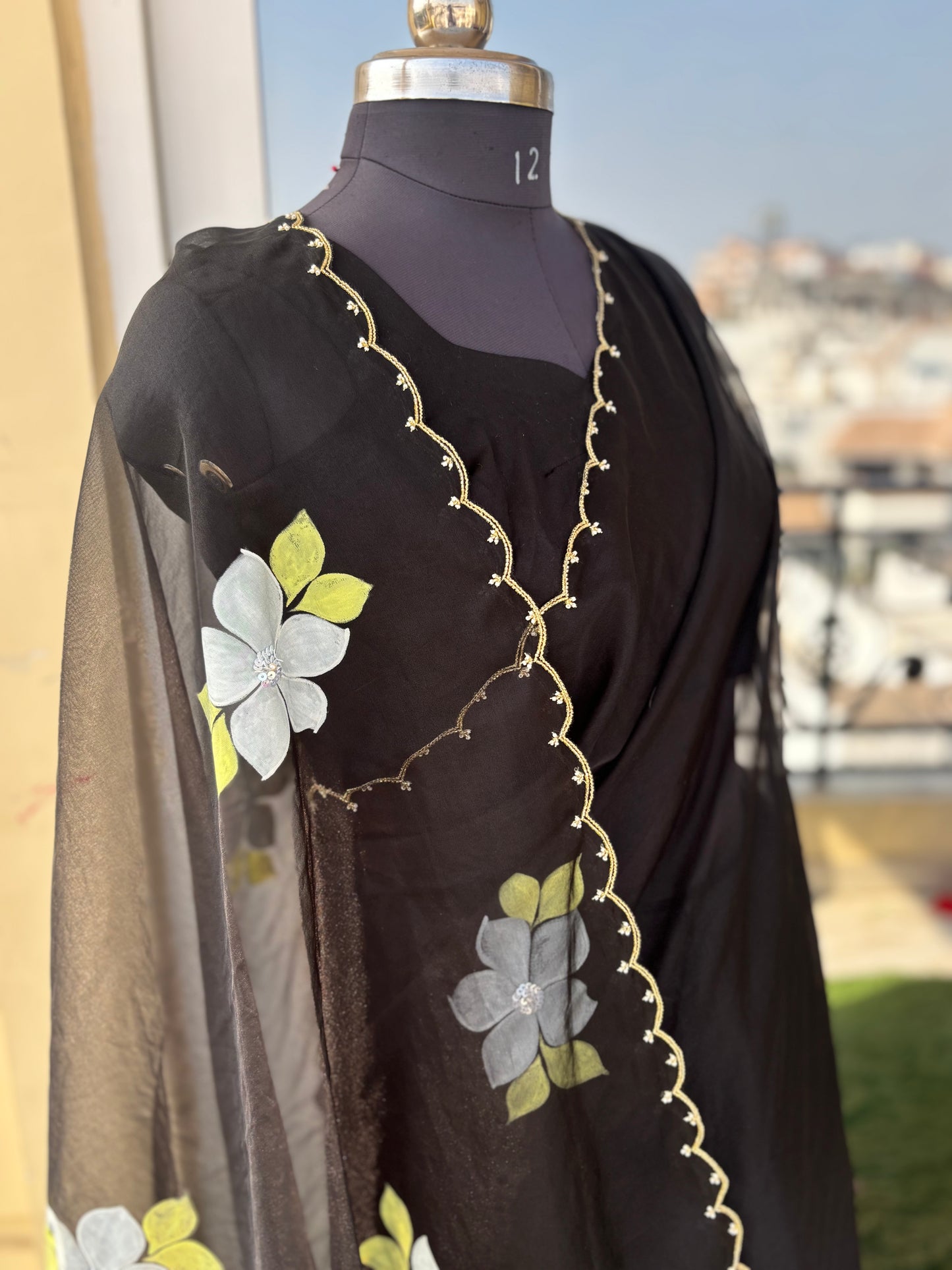 Black Handpainted Organza saree