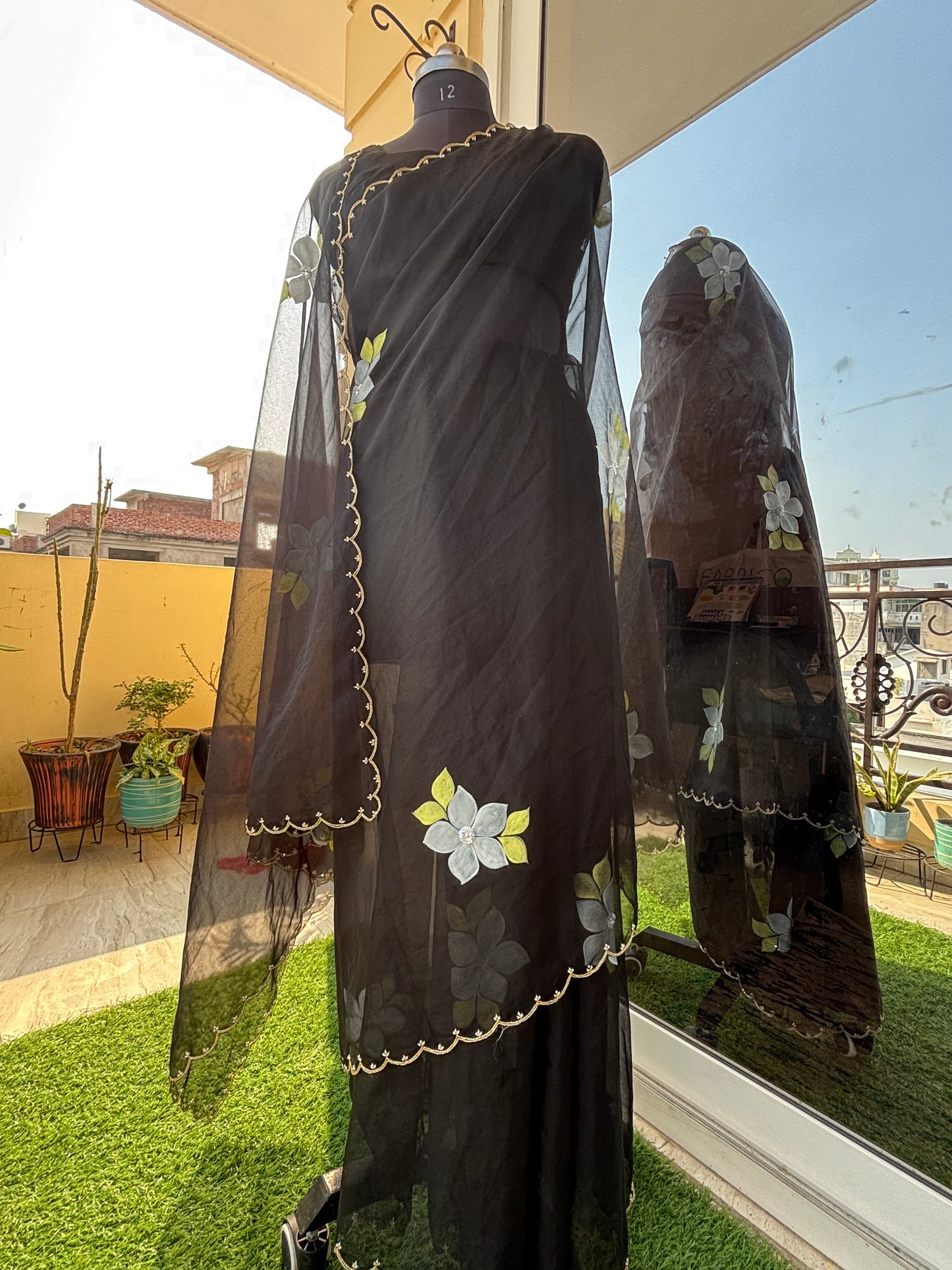Black Handpainted Organza saree