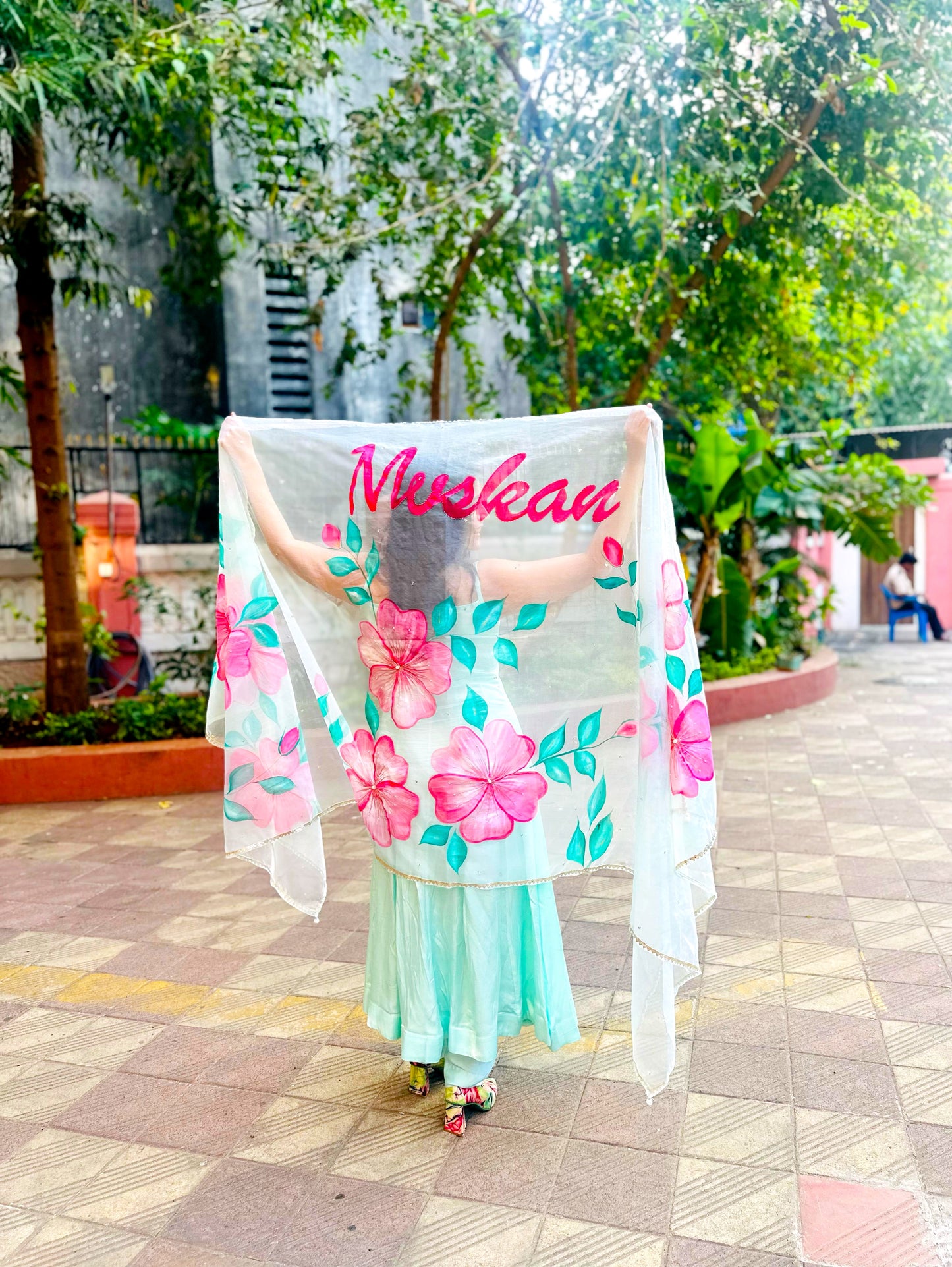 DUPATTAS- Custom Name Aqua Blue Handpainted Organza Dupatta