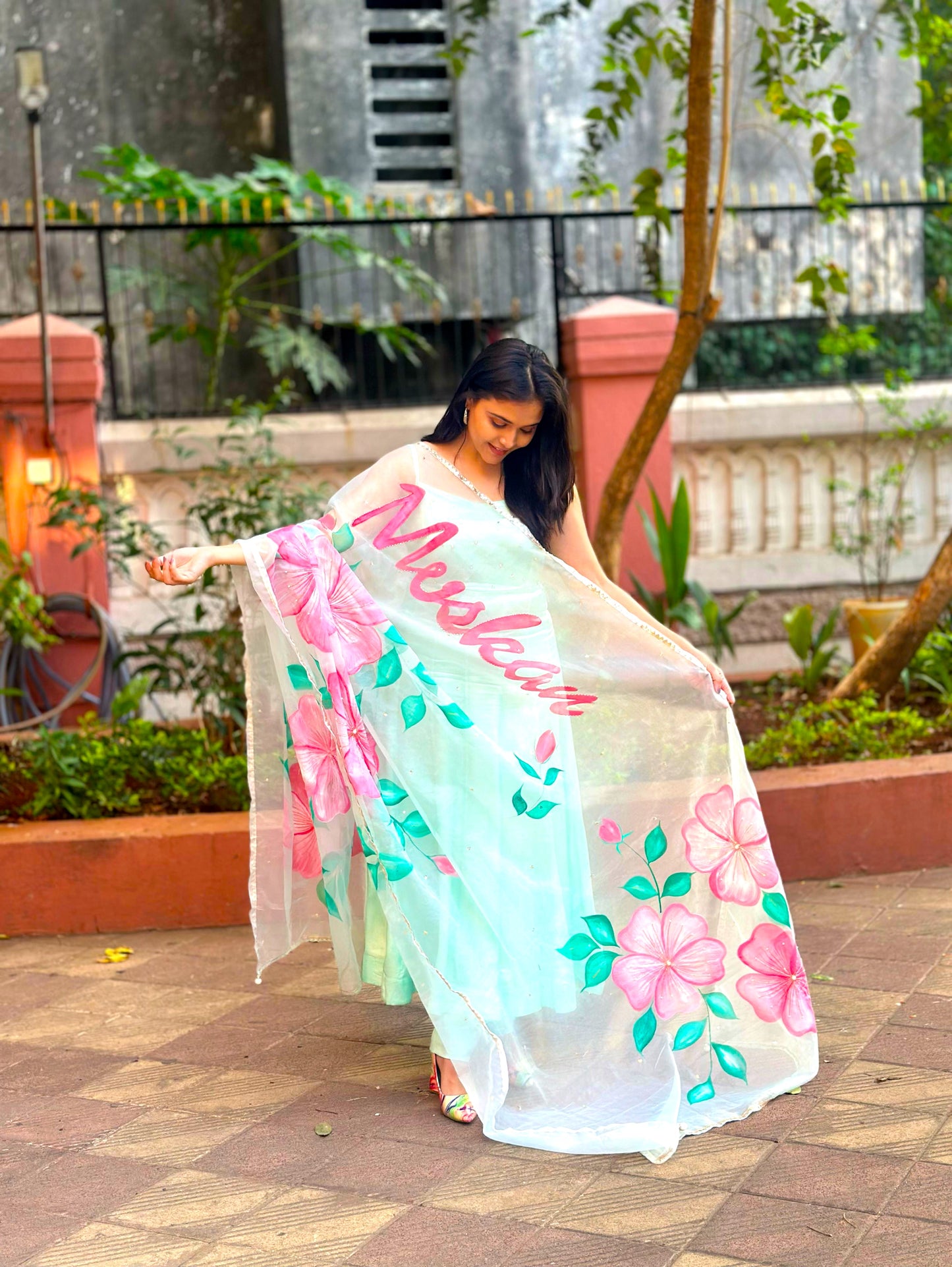 DUPATTAS- Custom Name Aqua Blue Handpainted Organza Dupatta