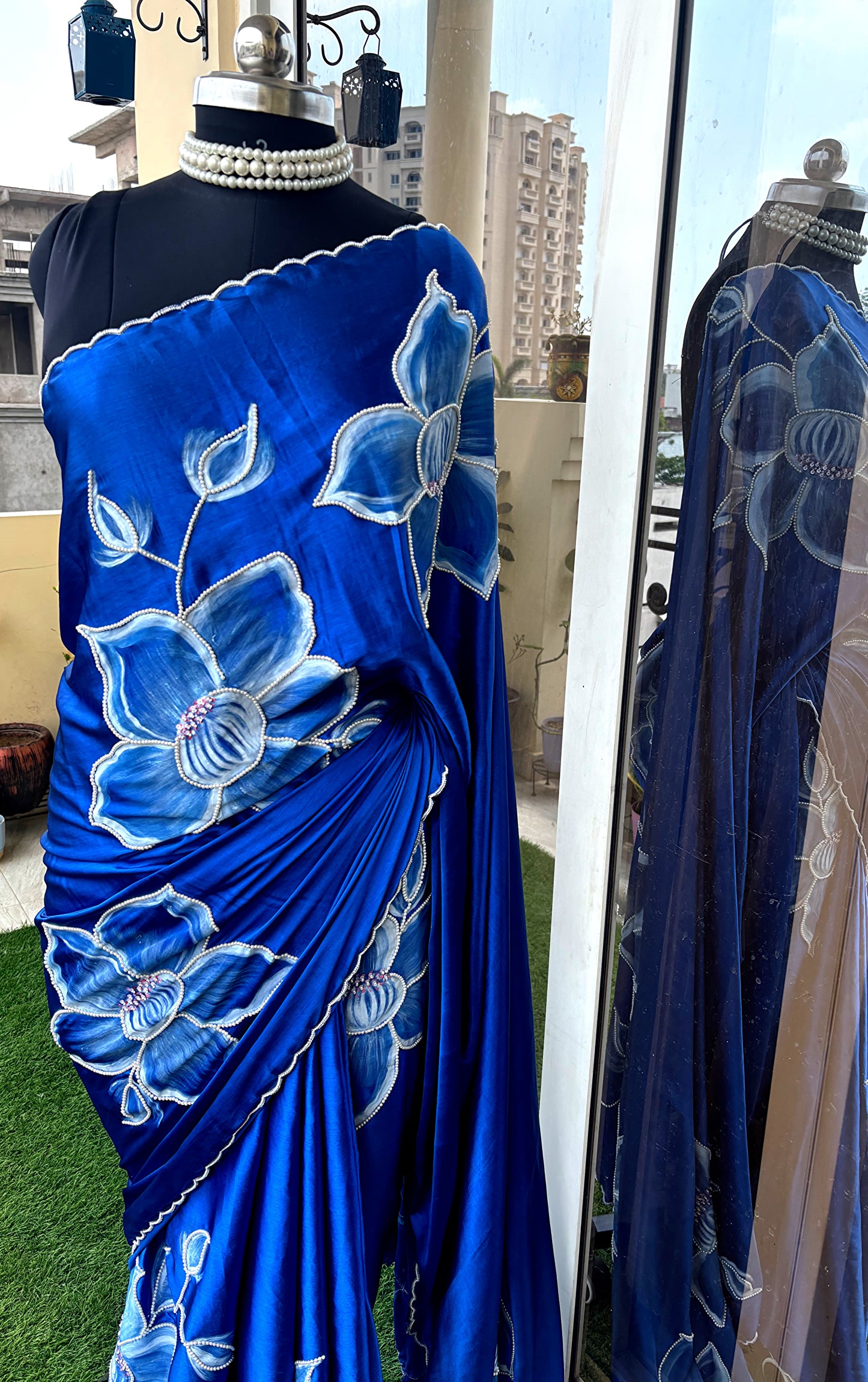 CHITRAKARI -Royal Blue Satin Silk Handpainted Saree with Pearl Handembroidery