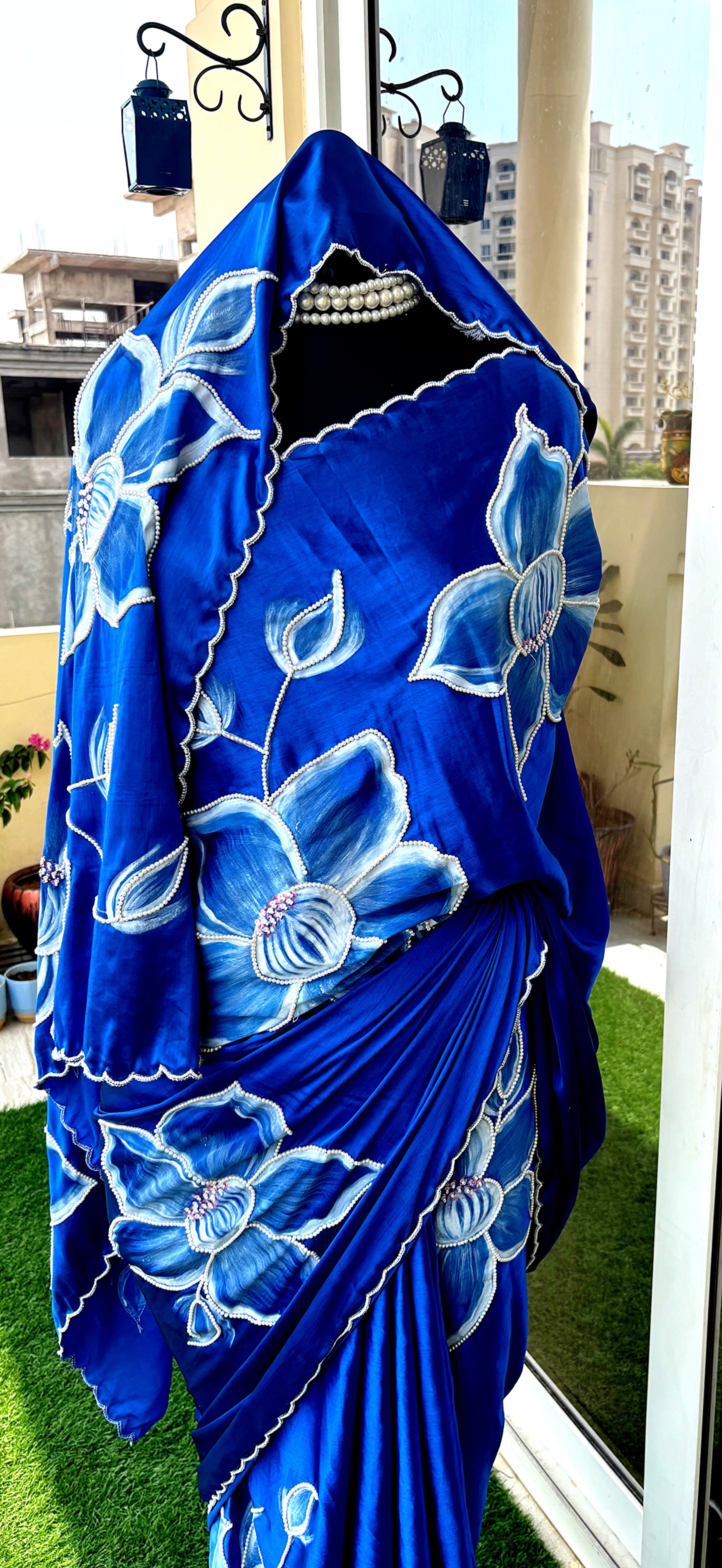 CHITRAKARI -Royal Blue Satin Silk Handpainted Saree with Pearl Handembroidery