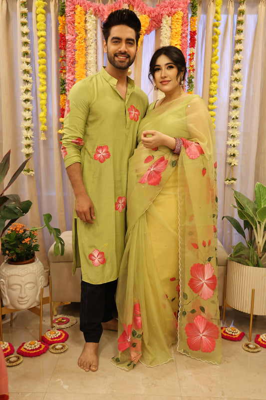 Green Handpainted Hibiscus Organza Saree With Handembroidery