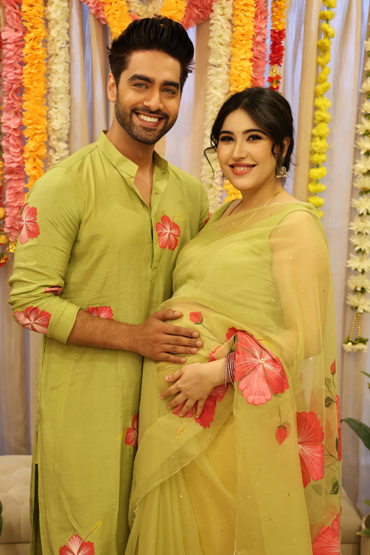 Men's Handpainted Kurta in Green