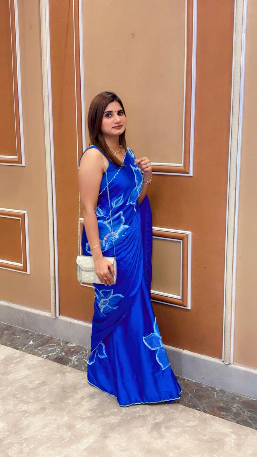 CHITRAKARI -Royal Blue Satin Silk Handpainted Saree with Pearl Handembroidery