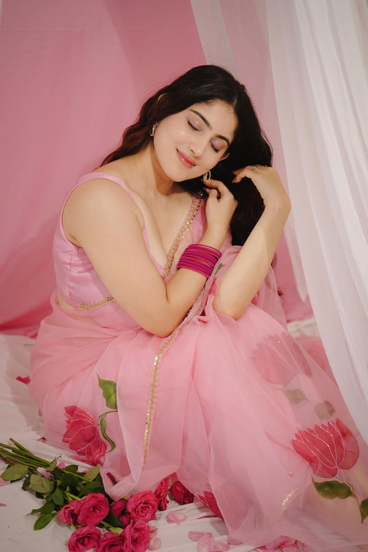 Blush Pink Organza Handpainted Lotus Saree with Handembroidery