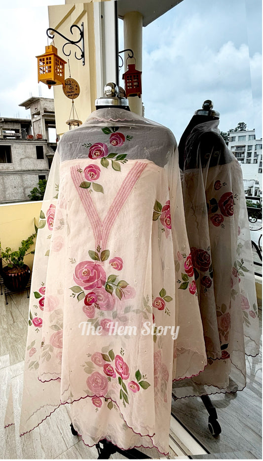 SUIT SET- Rose Handpainted Suit Material with Handwork