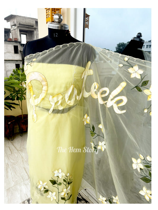 Custom Name Handpainted Saree with Handwork Detailings