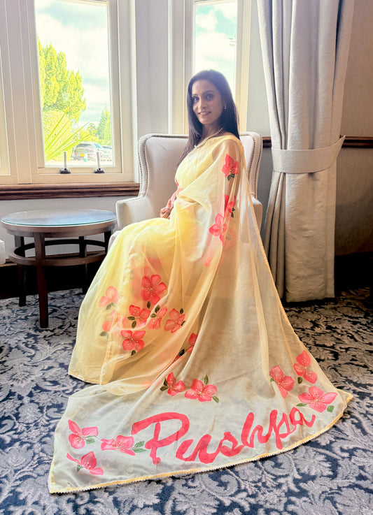 CHITRAKARI-Lemon Yellow Handpainted Organza Saree With Handembroidery