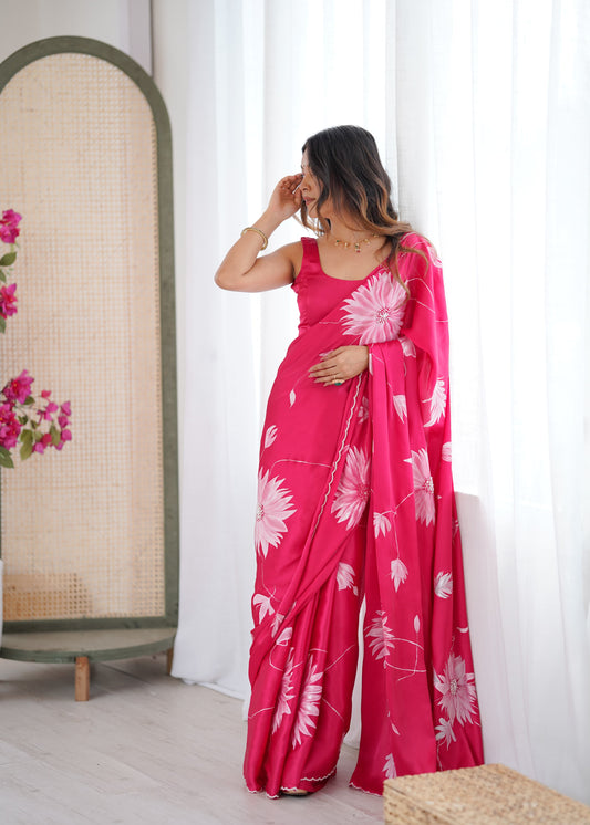 Pink Soft Silk Handpainted Saree with Pearl Handembroidery