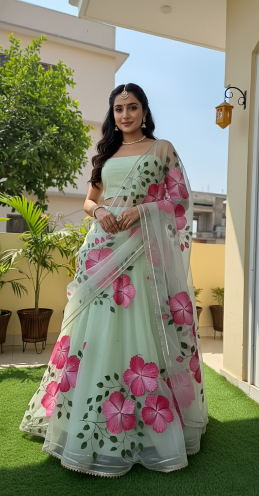 Handpainted Hibiscus Lehenga Set with Sequins Detailings