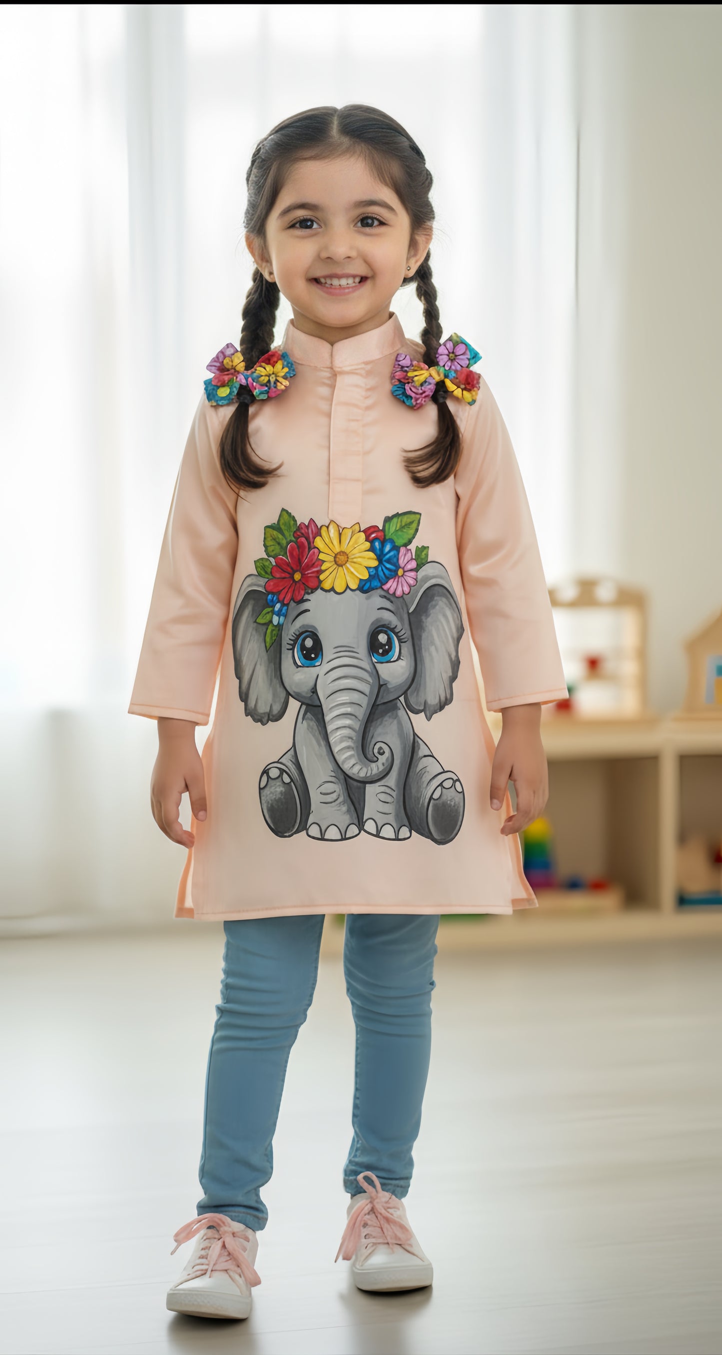 Peach Handpainted Elephant kids's Dress