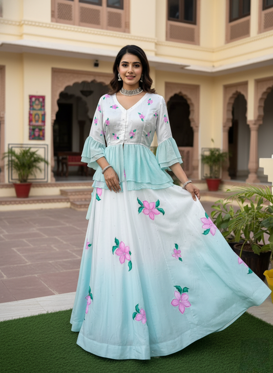 Ombre Handpainted Crepe Lehenga with Pearl Handembroidery