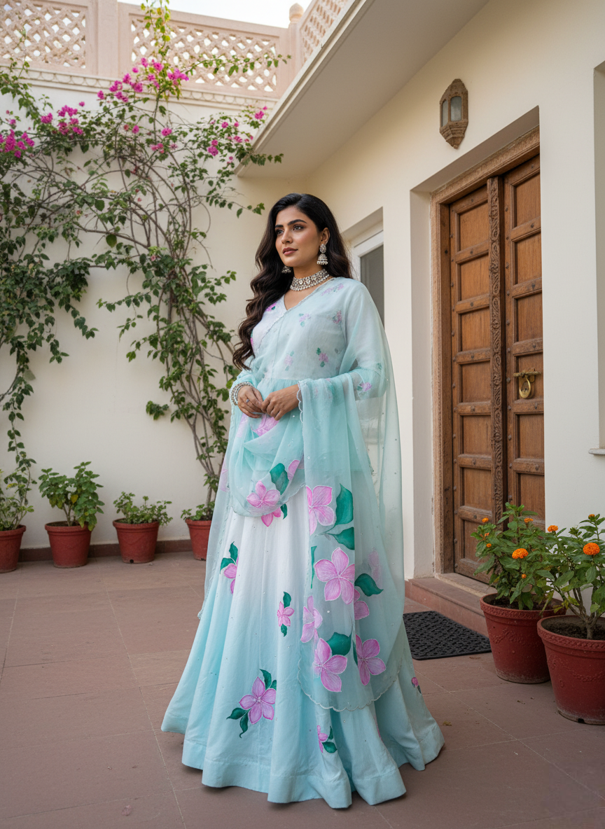 Ombre Handpainted Crepe Lehenga with Pearl Handembroidery