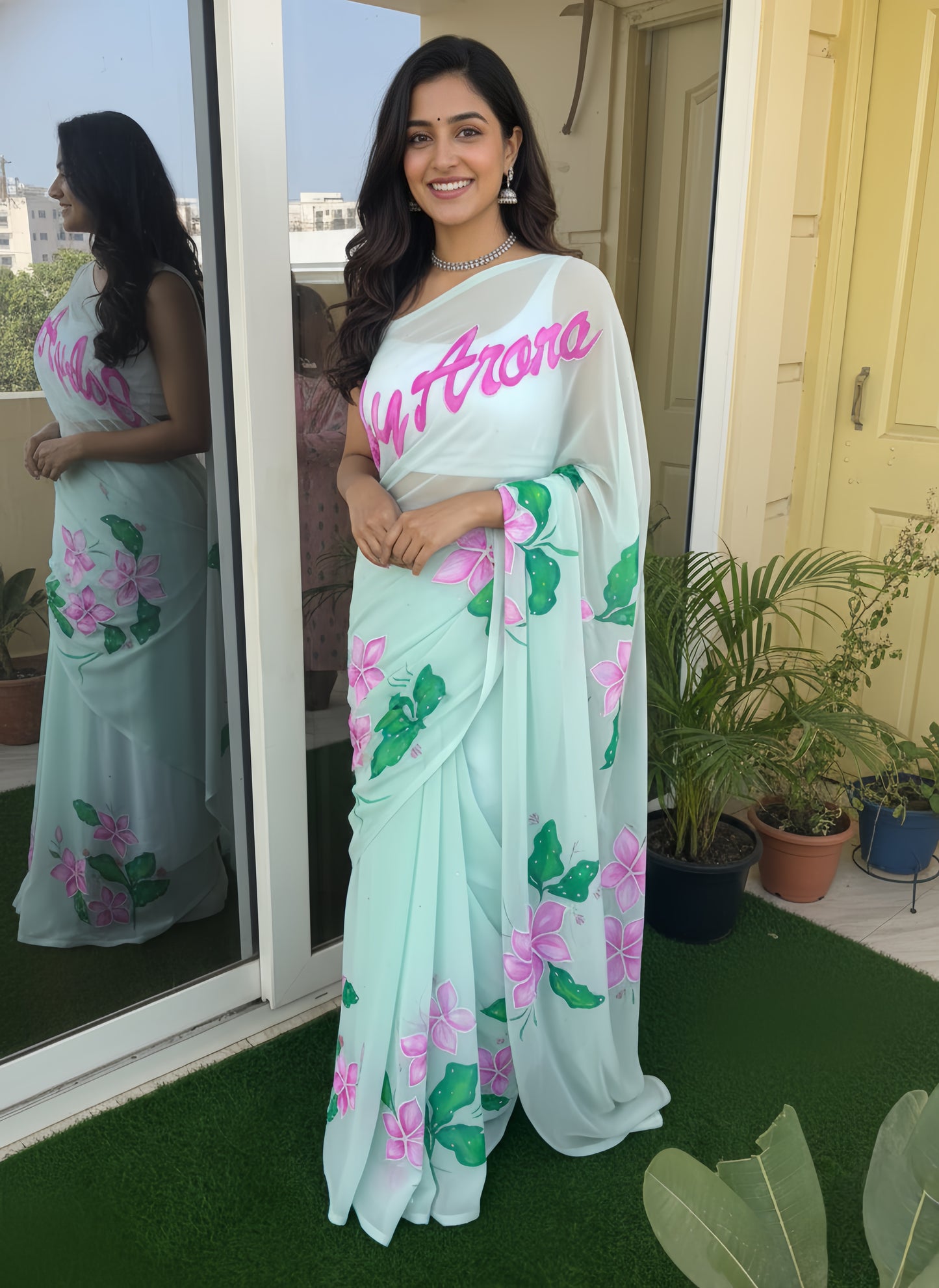 Custom Name Sea Green Handpainted Saree with Pearl Handwork Detailings
