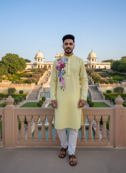Men's Handpainted Kurta in Lemon Yellow