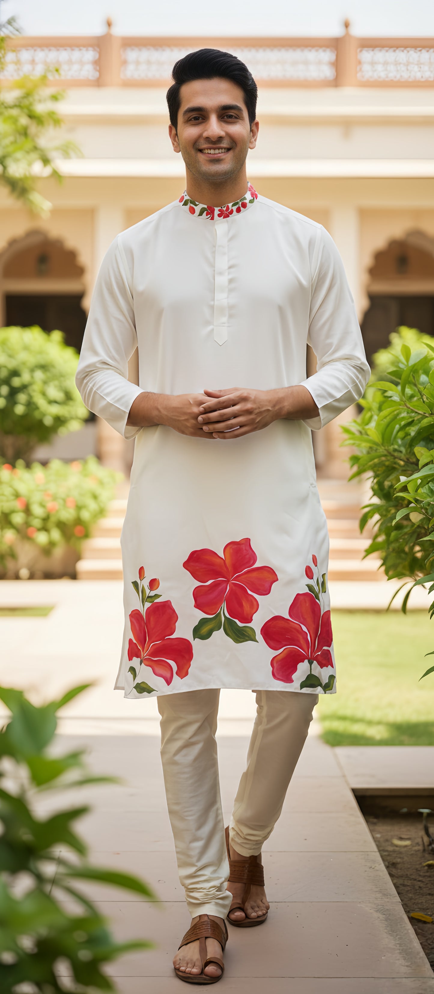 Men's Handpainted Kurta in Off White