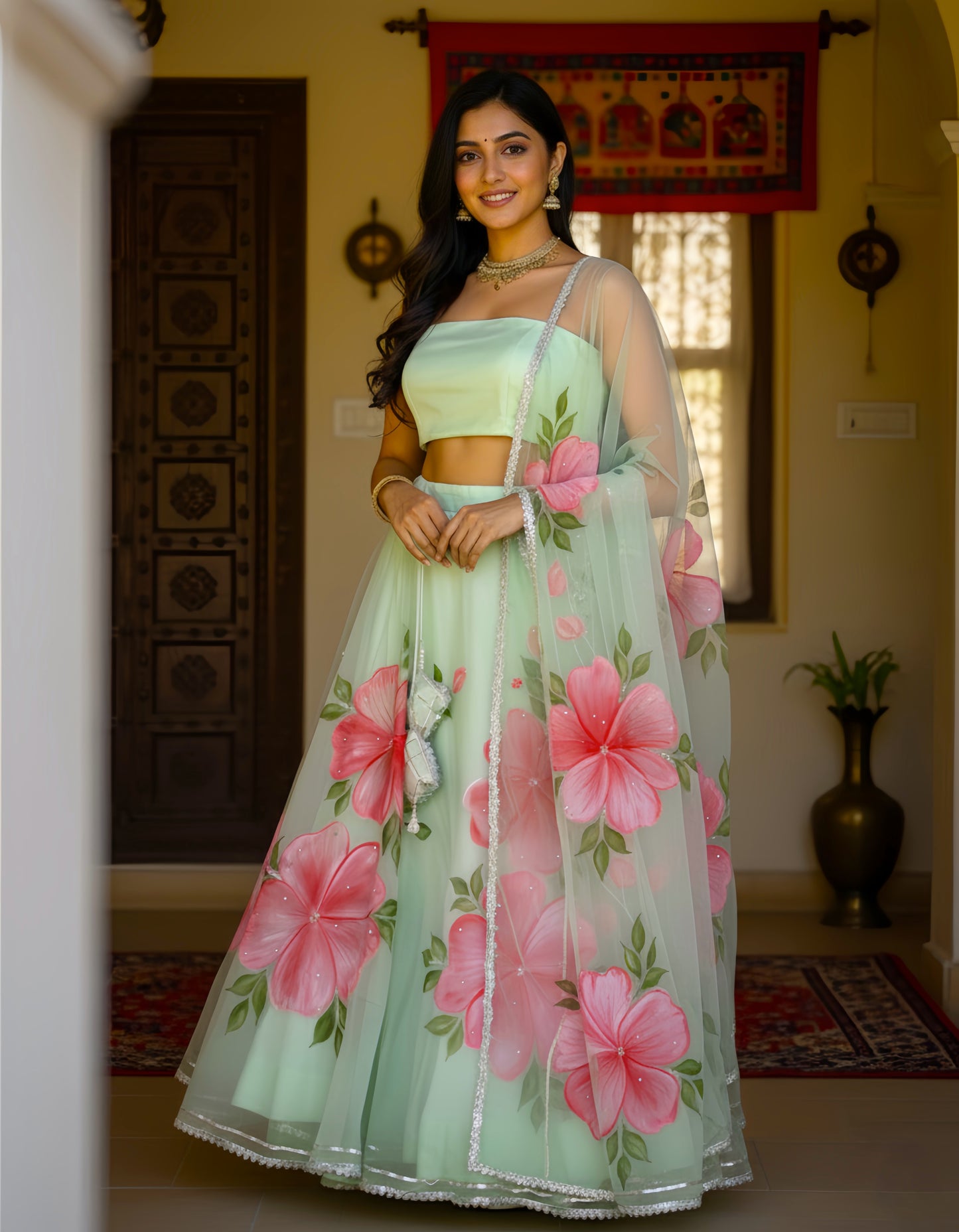 Pista Green Handpainted Organza Lehenga with Sequins  Handwork