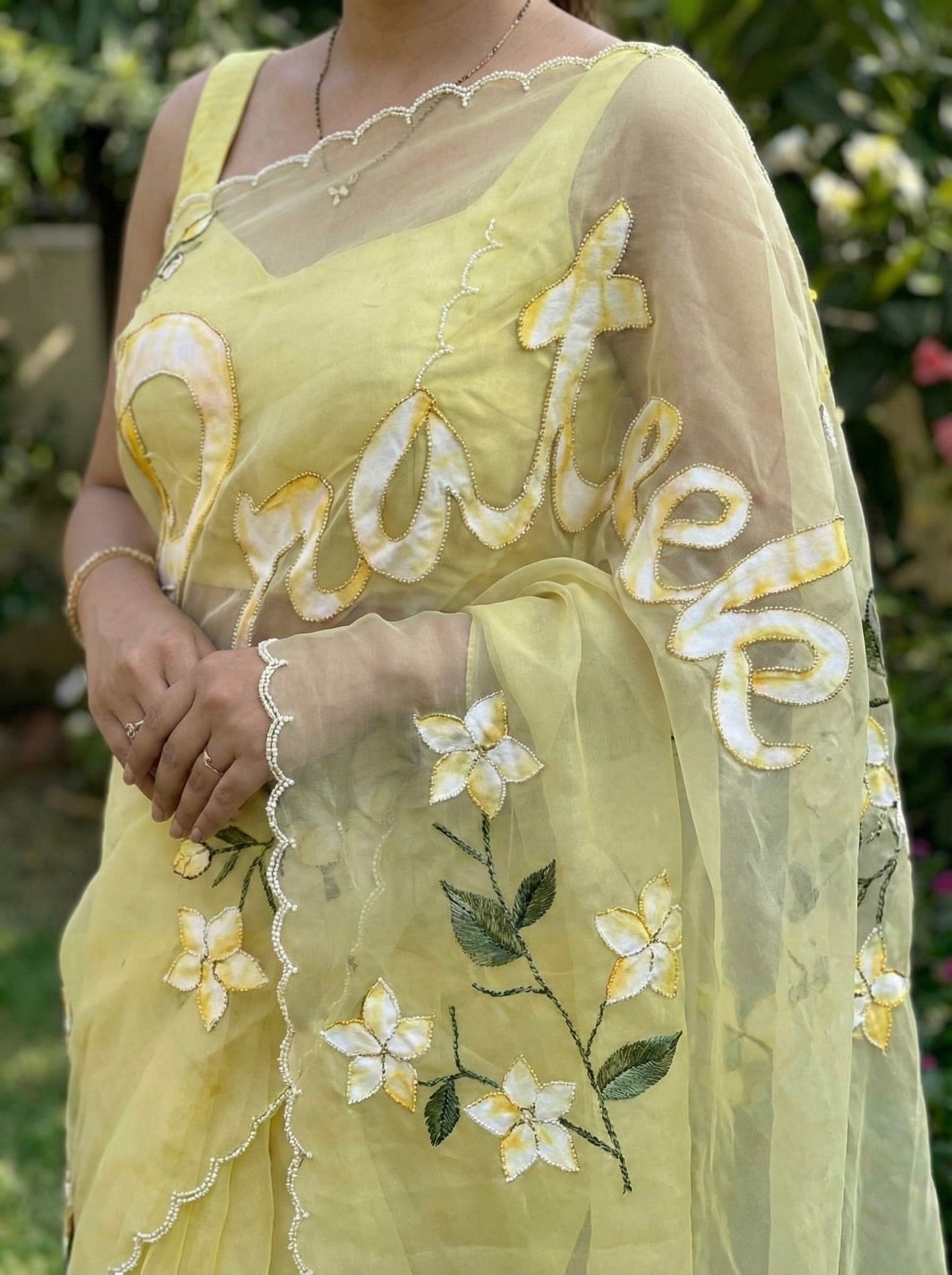 Custom Name Handpainted Saree with Handwork Detailings